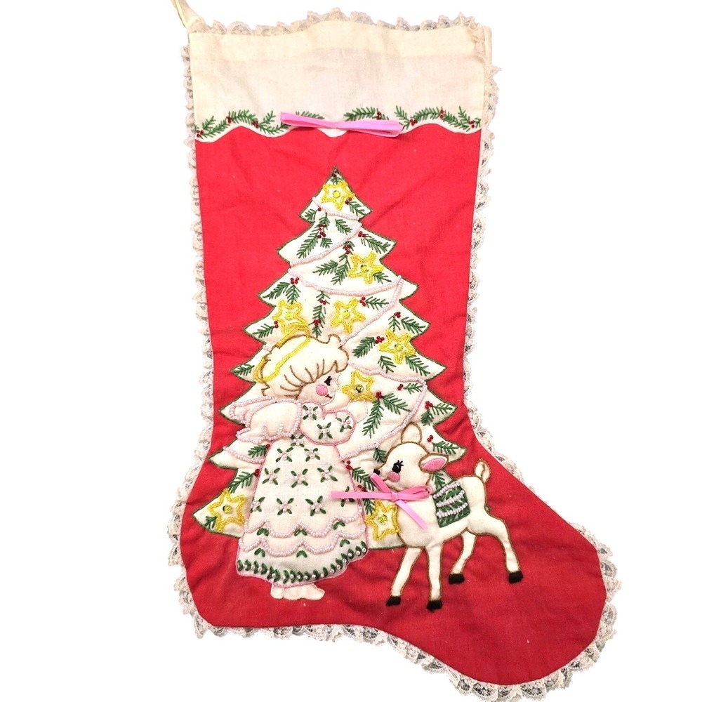 60s Vintage Handmade Bucilla Christmas Stocking Seed Beaded Embroidery‎